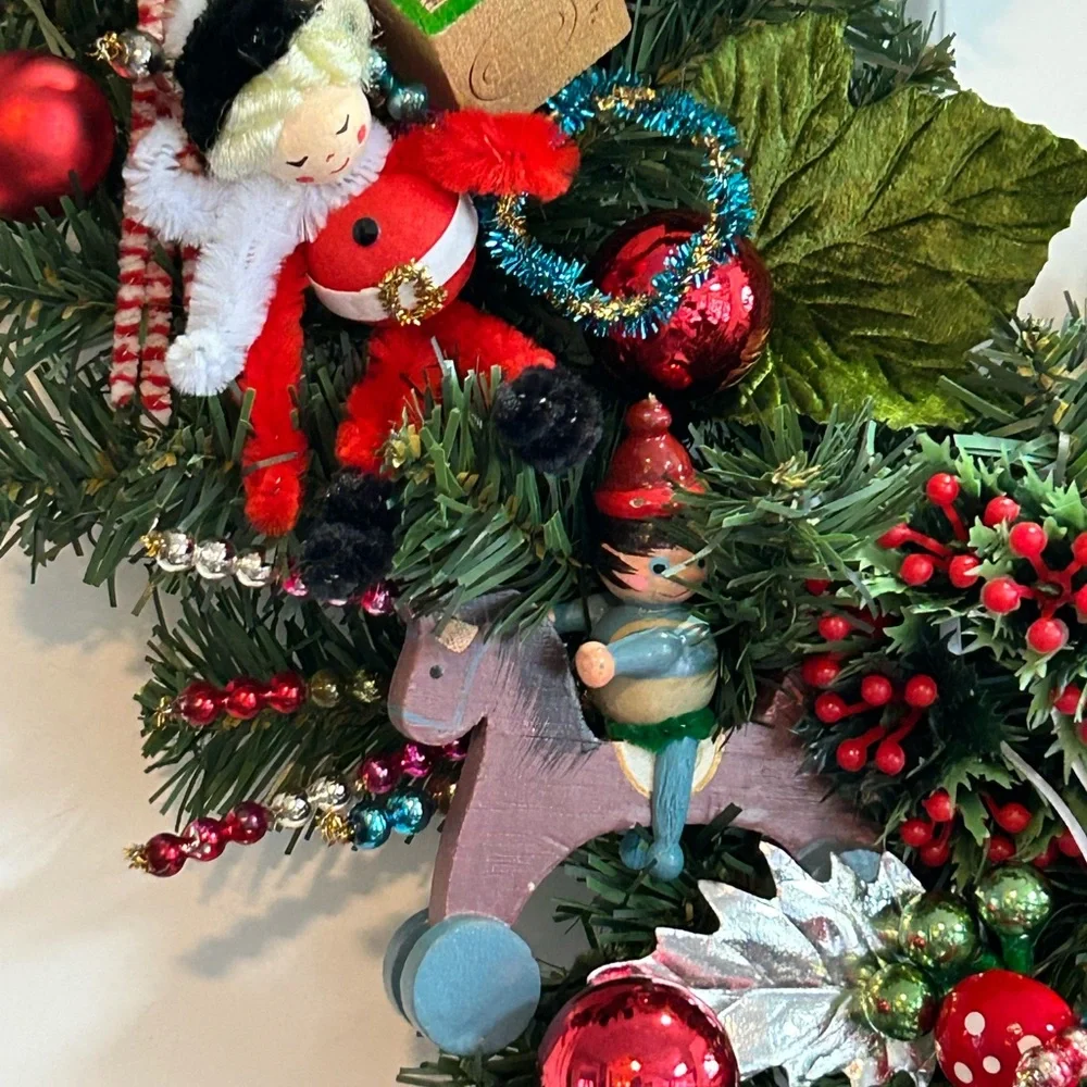 Vintage Repurposed Festive Holiday Wreath with Red Accents - Picture 4 of 10